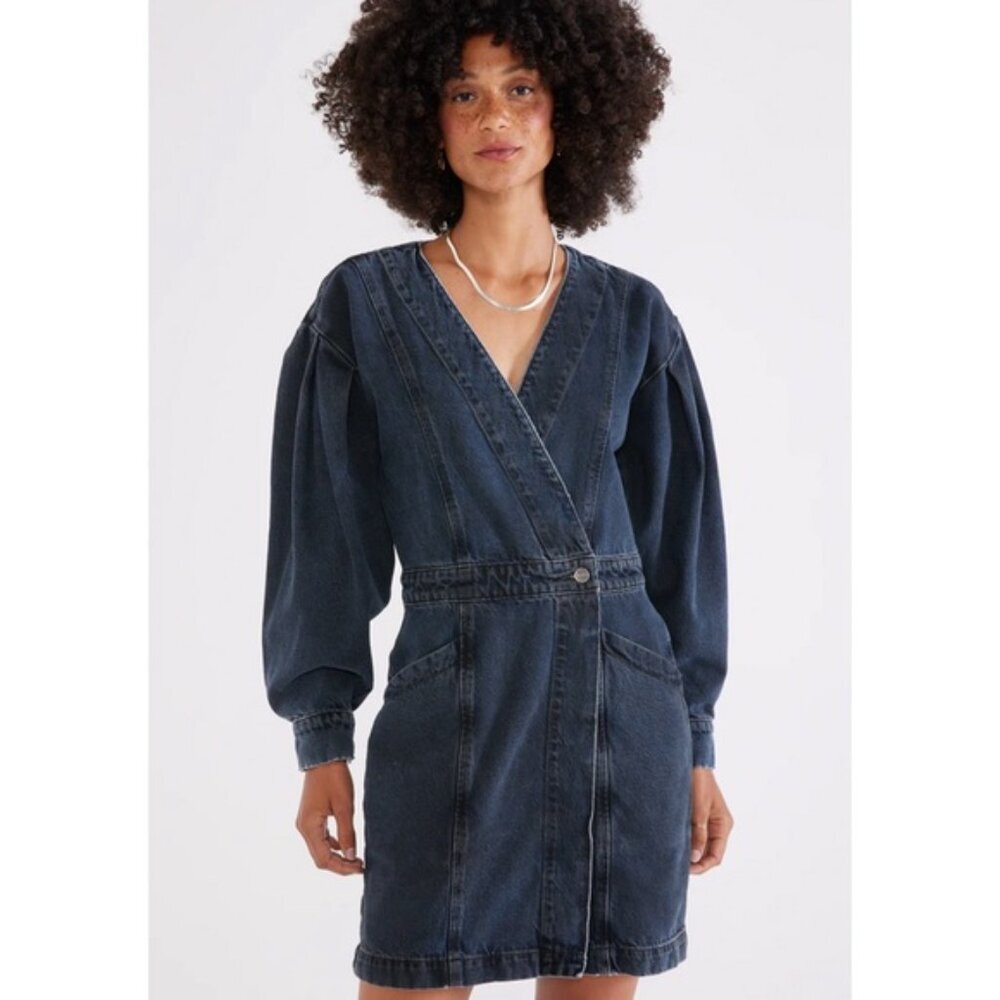 Etica Anthropologie The Mira Denim Wrap‎ Mini Dress Volume Sleeves Size SMALL